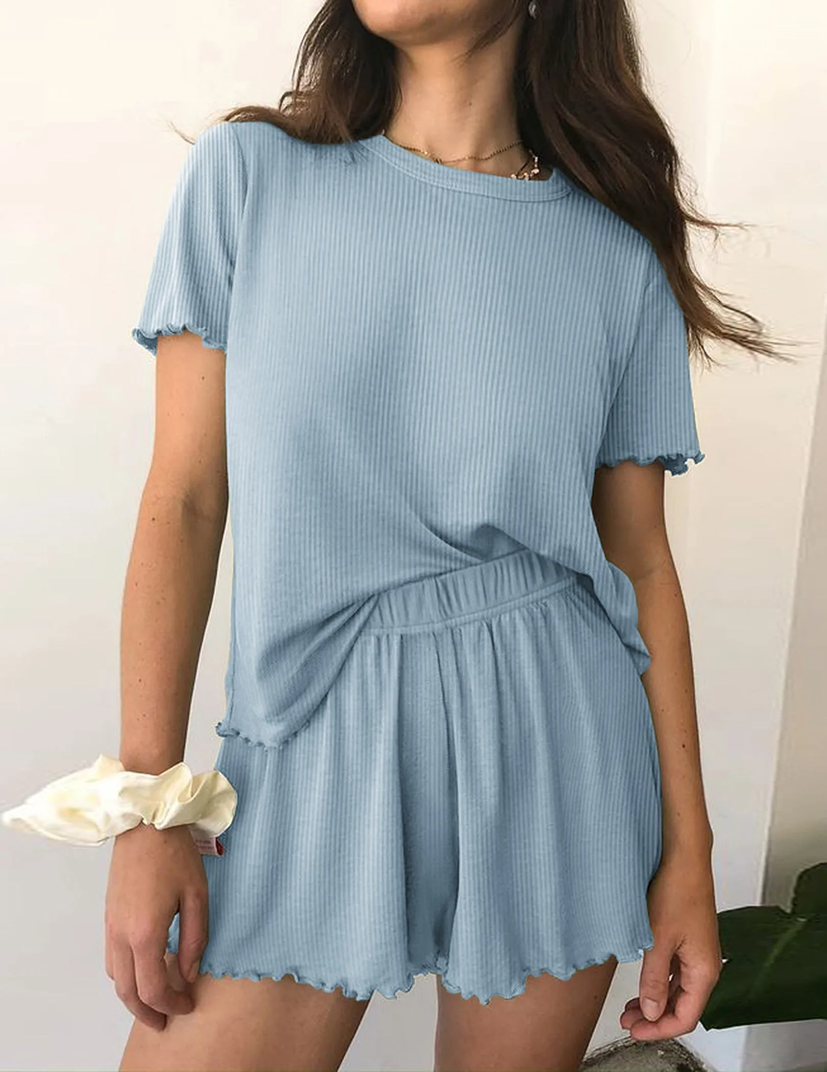Casual 2-Piece Ribbed Knit Pajamas Set (US Only) sold by Ekouaer product image thumbnail 2