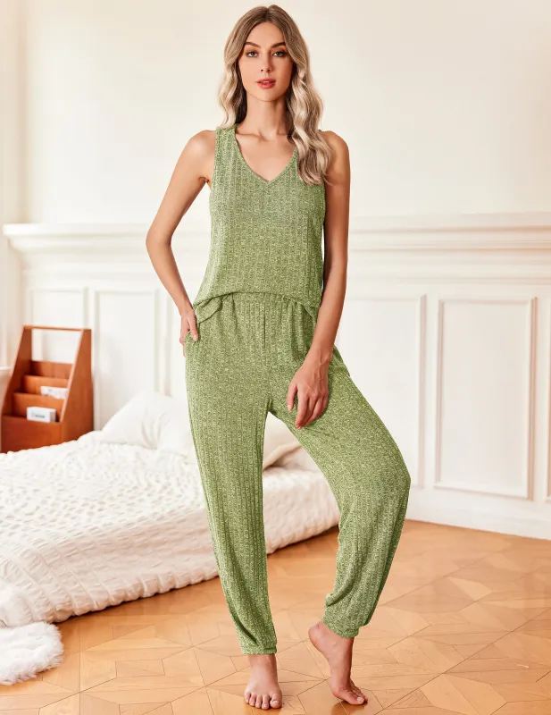 Ribbed Knit Tank Top Pants Pajama Sets (US Only) sold by Ekouaer