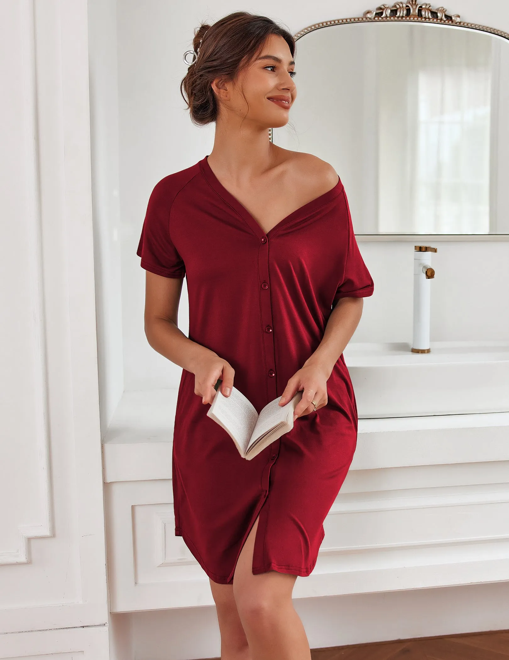 Casual V-Neck Button Down Nightgown (US Only) sold by Ekouaer product image thumbnail 2