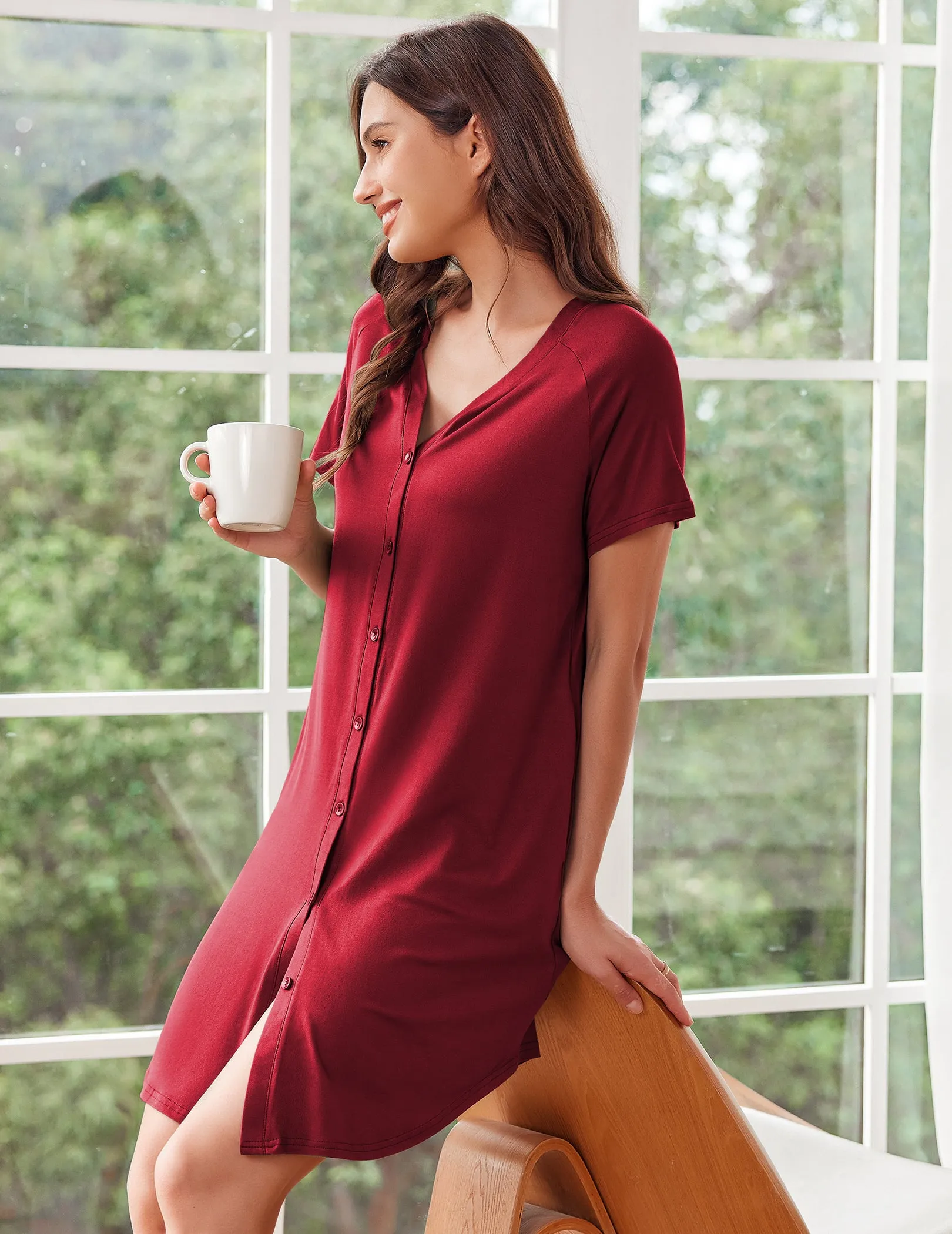 Casual V-Neck Button Down Nightgown (US Only) sold by Ekouaer product image thumbnail 3