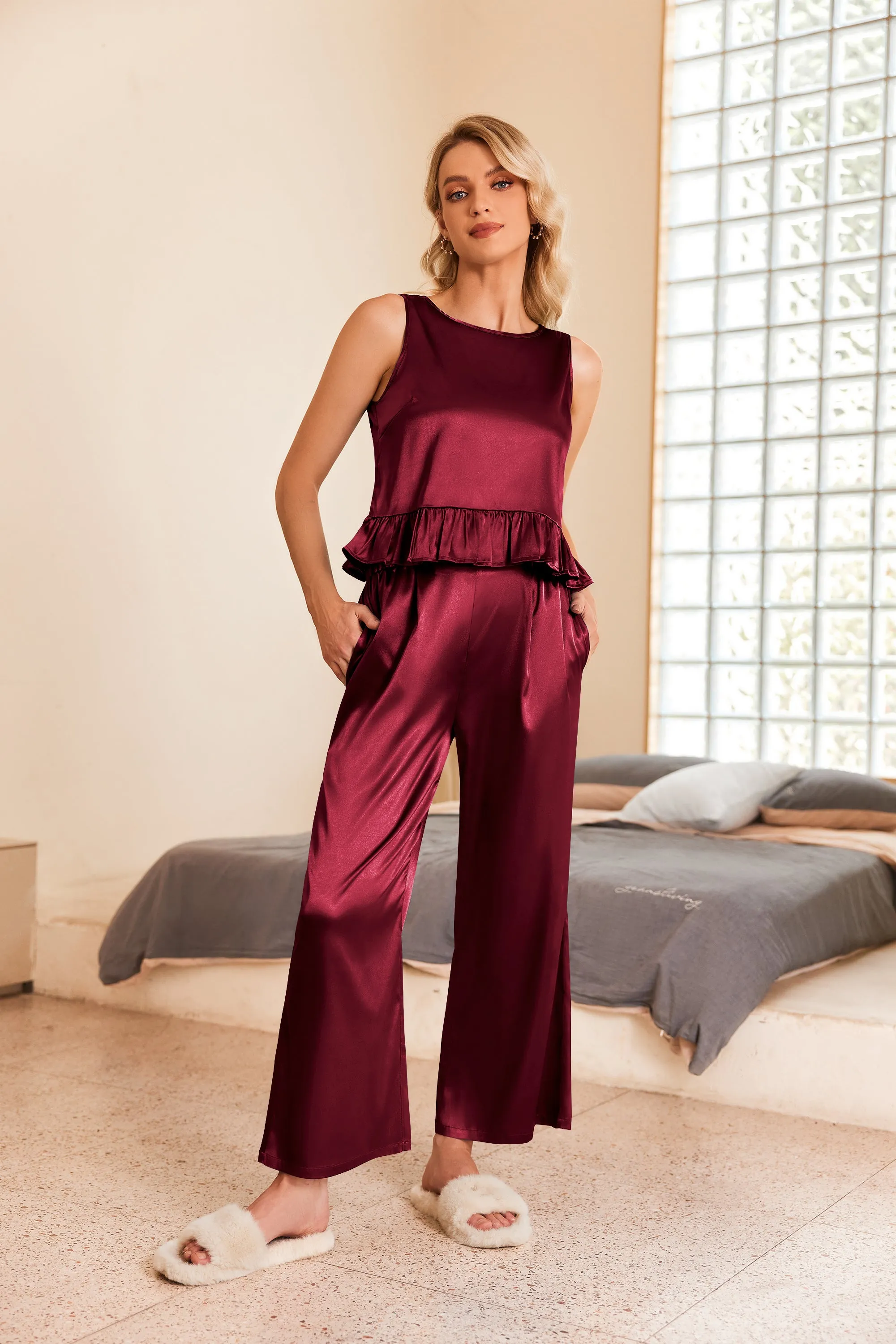 Satin Ruffle 2-Piece Pajamas Set (US Only) sold by Ekouaer