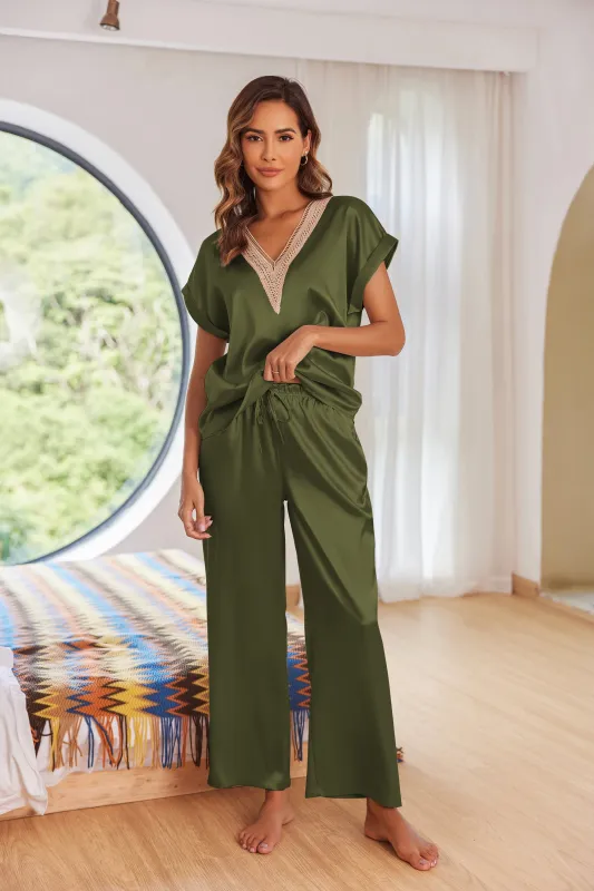 Silk Lace V-Neck Pajamas Set (US Only) sold by Ekouaer