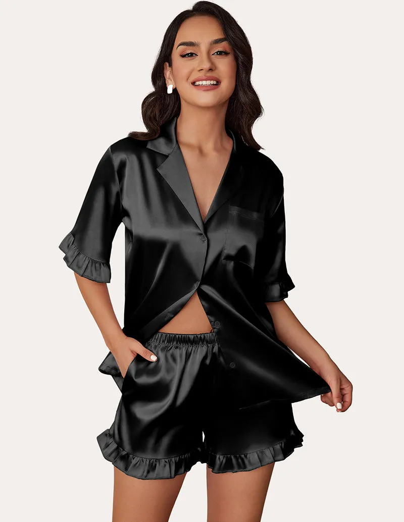 Satin Ruffled 2-Piece Pajamas Set (US Only) sold by Ekouaer product image thumbnail 3