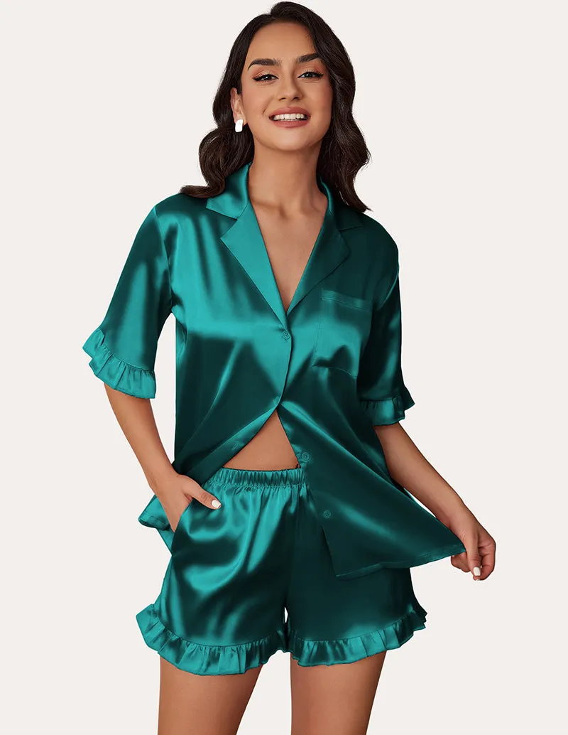 Satin Ruffled 2-Piece Pajamas Set (US Only) sold by Ekouaer product image thumbnail 4
