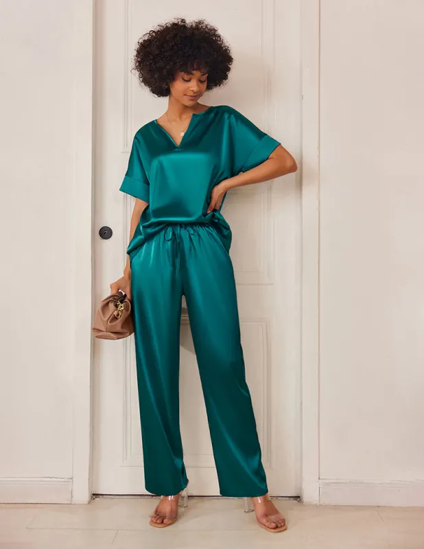 Satin V Neck 2-Piece Pajama Set (US Only) sold by Ekouaer