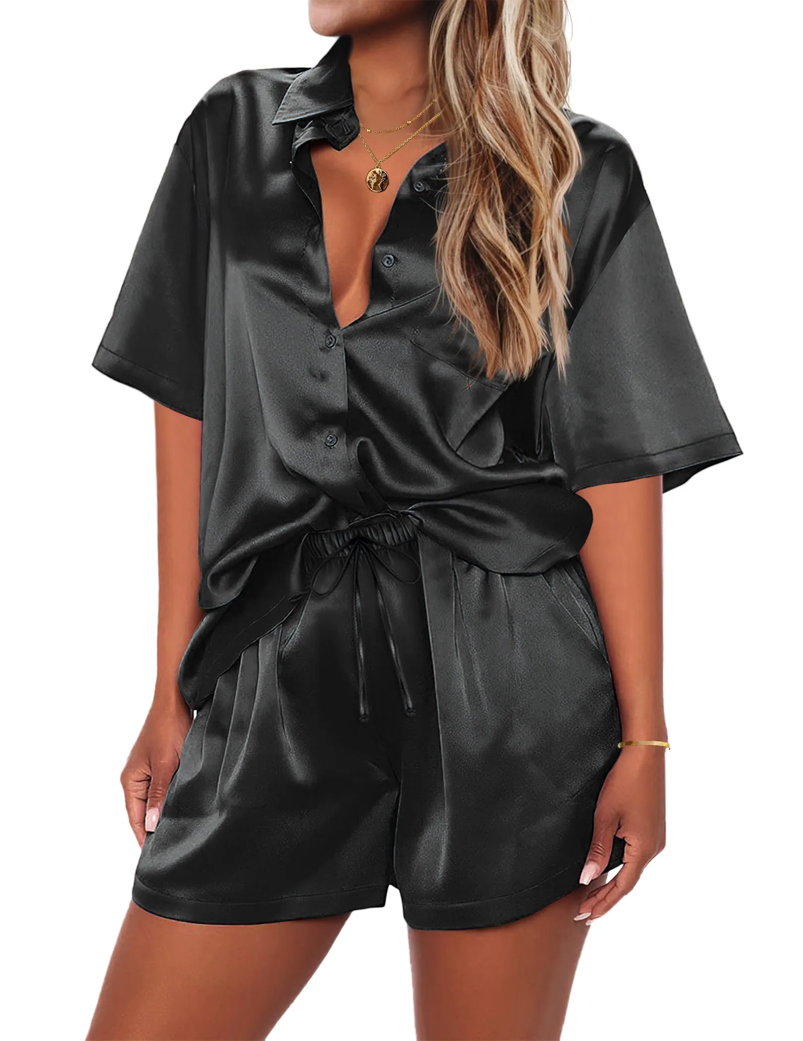 Ekouaer Silk Soft Short Sleeve 2 Piece Lounge Set (US Only) sold by Ekouaer product image thumbnail 5