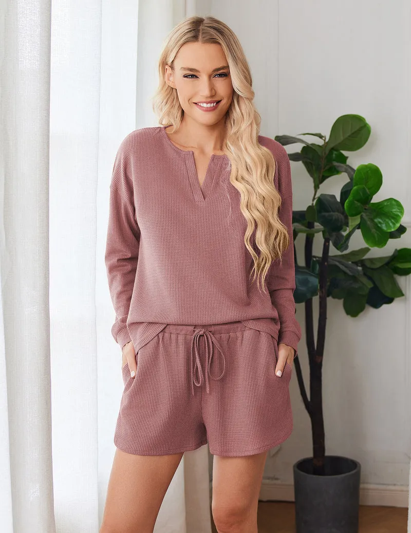 Ekouaer Pajamas Waffle Knit Lounge Set 2 Piece Outfits with Pockets (US Only) sold by Ekouaer