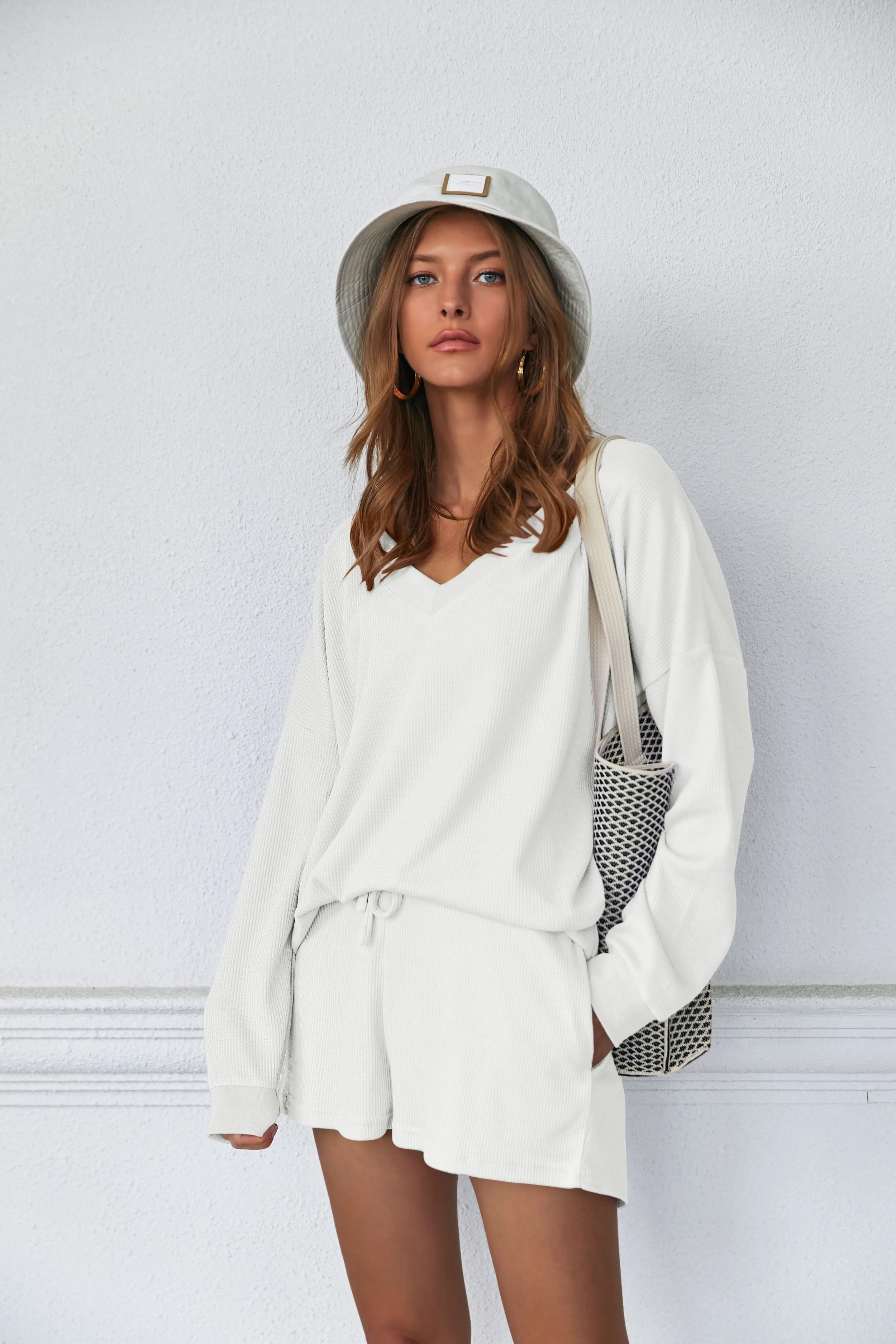 Ekouaer Pajama Set Waffle Knit Lounge Set V Neck Off Shoulder Sleepwear (US Only) sold by Ekouaer product image thumbnail 2