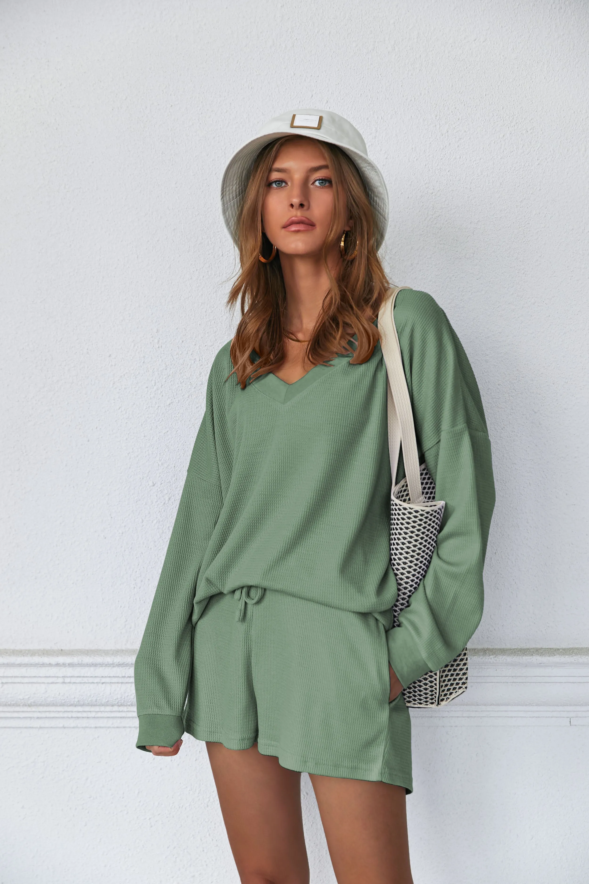 Ekouaer Pajama Set Waffle Knit Lounge Set V Neck Off Shoulder Sleepwear (US Only) sold by Ekouaer product image thumbnail 5