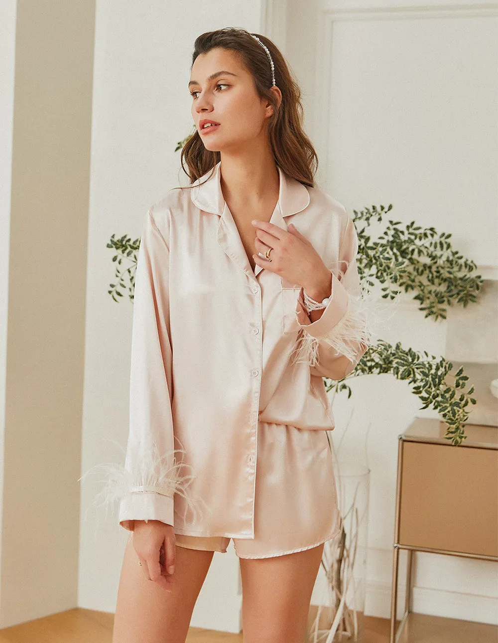 Feather Sleeve Satin Pajamas Set (US Only) sold by Ekouaer