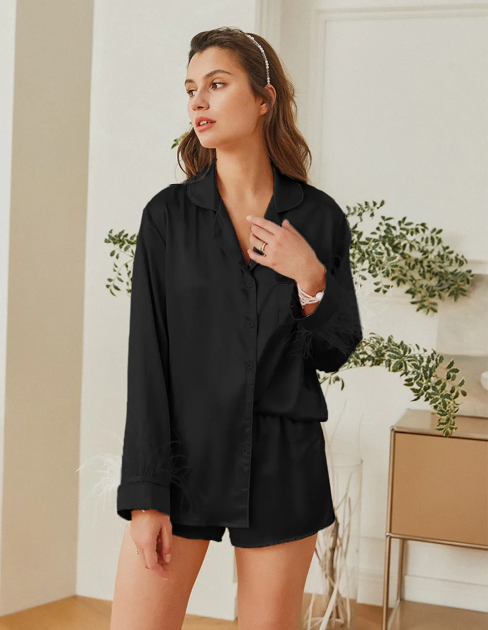 Feather Sleeve Satin Pajamas Set (US Only) sold by Ekouaer product image thumbnail 3