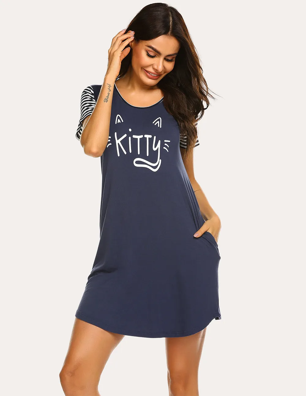 Ekouaer Striped Short Sleeve Printed Nightdress (US Only) sold by Ekouaer