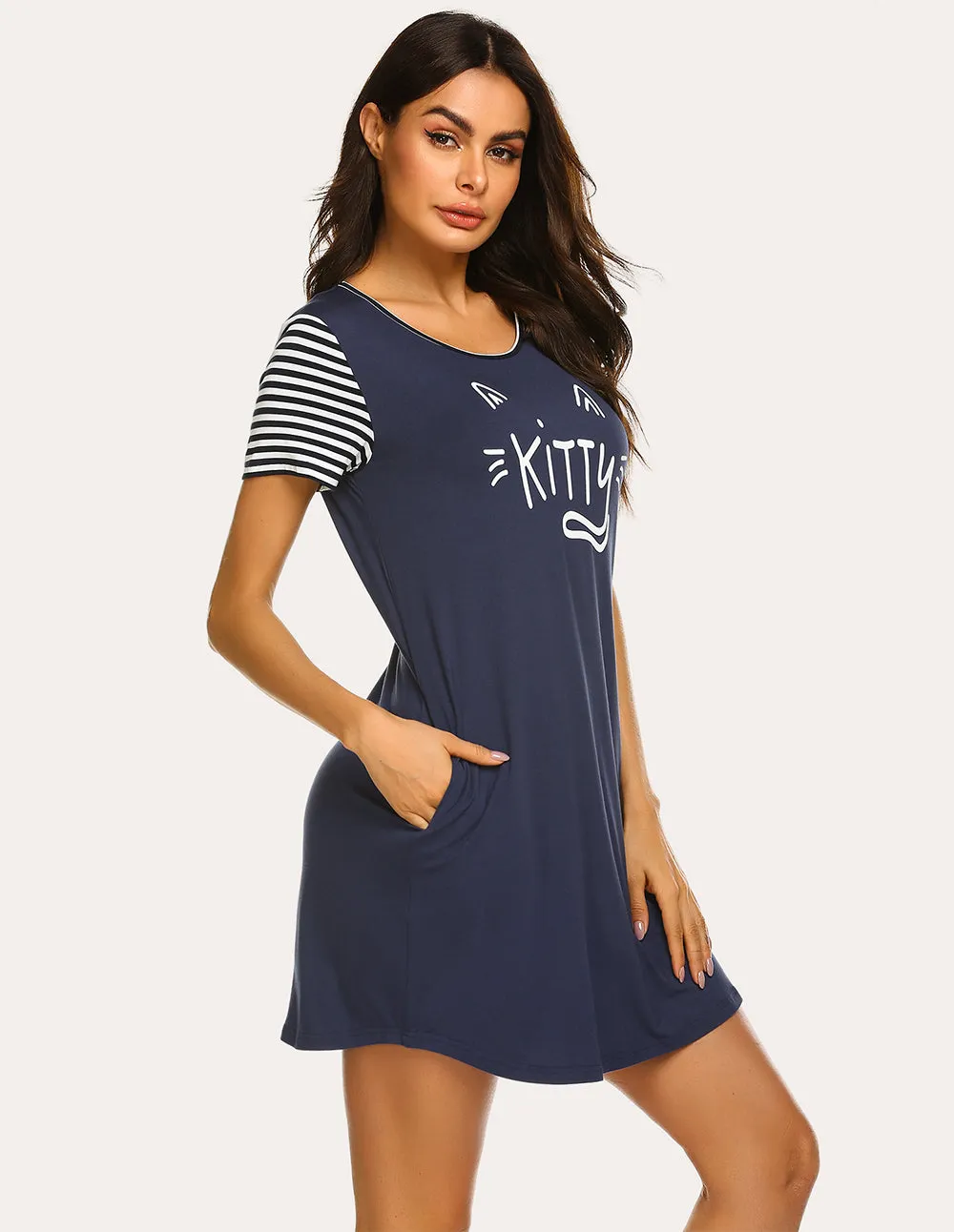 Ekouaer Striped Short Sleeve Printed Nightdress (US Only) sold by Ekouaer product image thumbnail 5