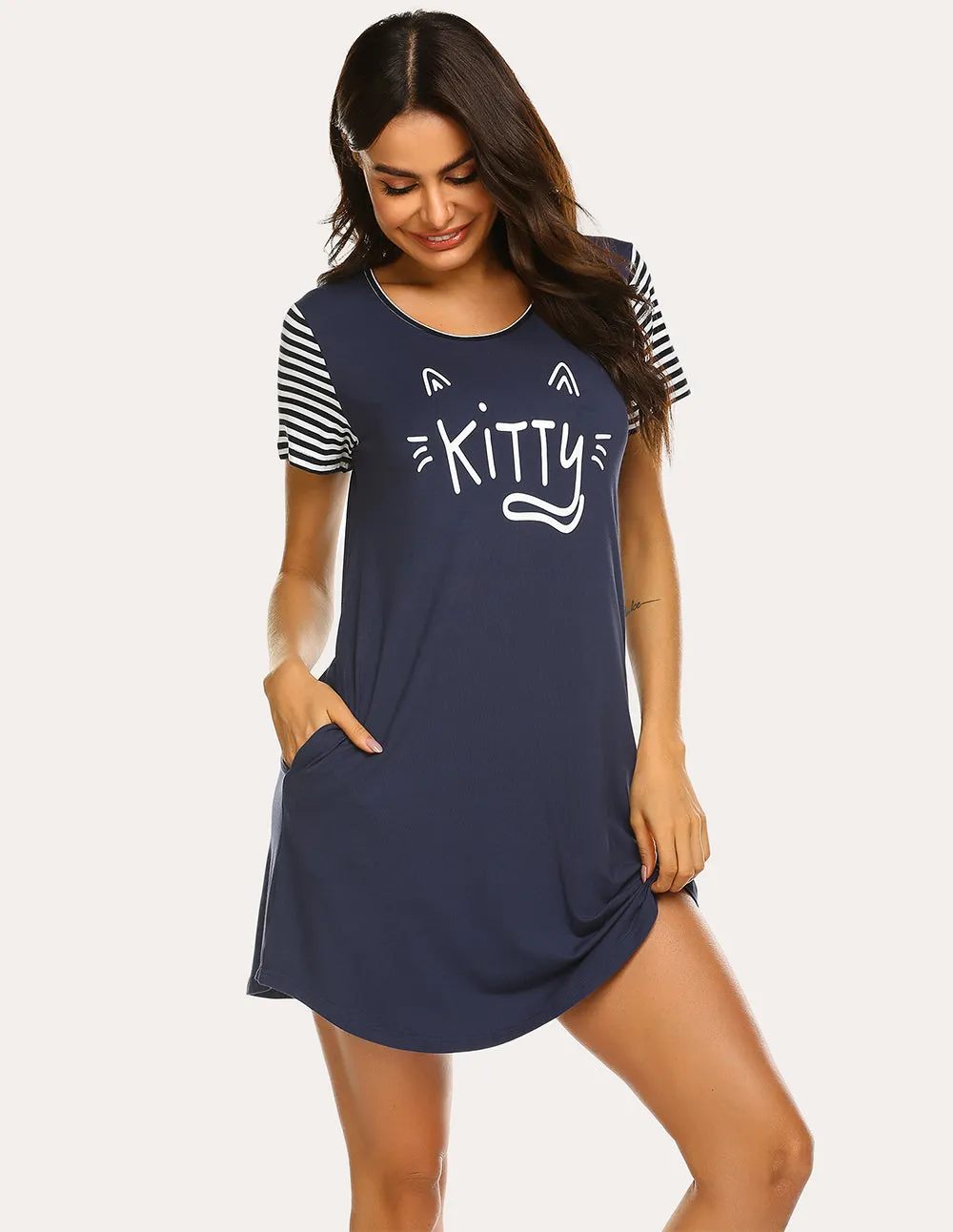 Ekouaer Striped Short Sleeve Printed Nightdress (US Only) sold by Ekouaer product image thumbnail 4