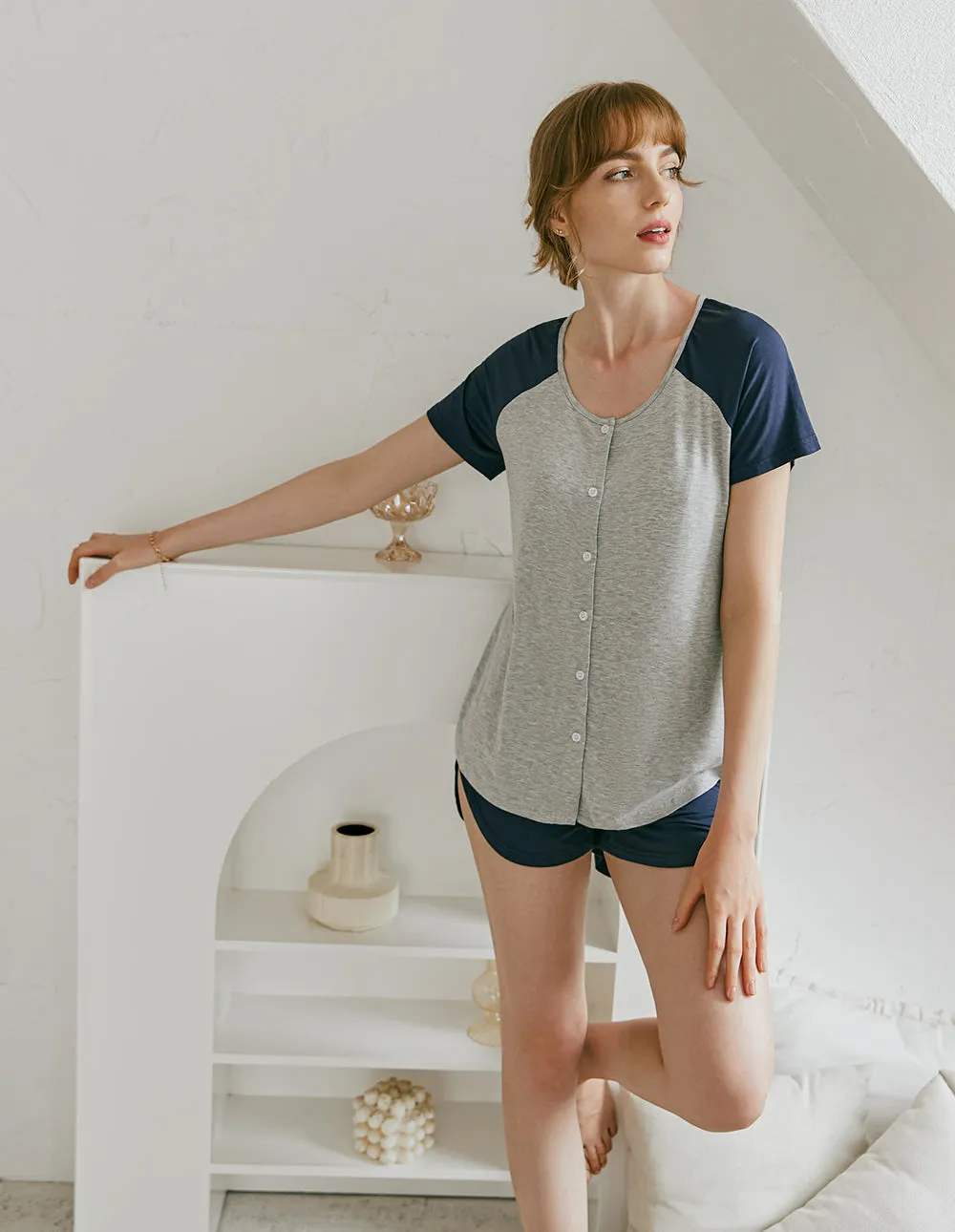 Ekouaer Contrast Color Top Shorts Loose Pajamas Set (US Only) sold by Ekouaer