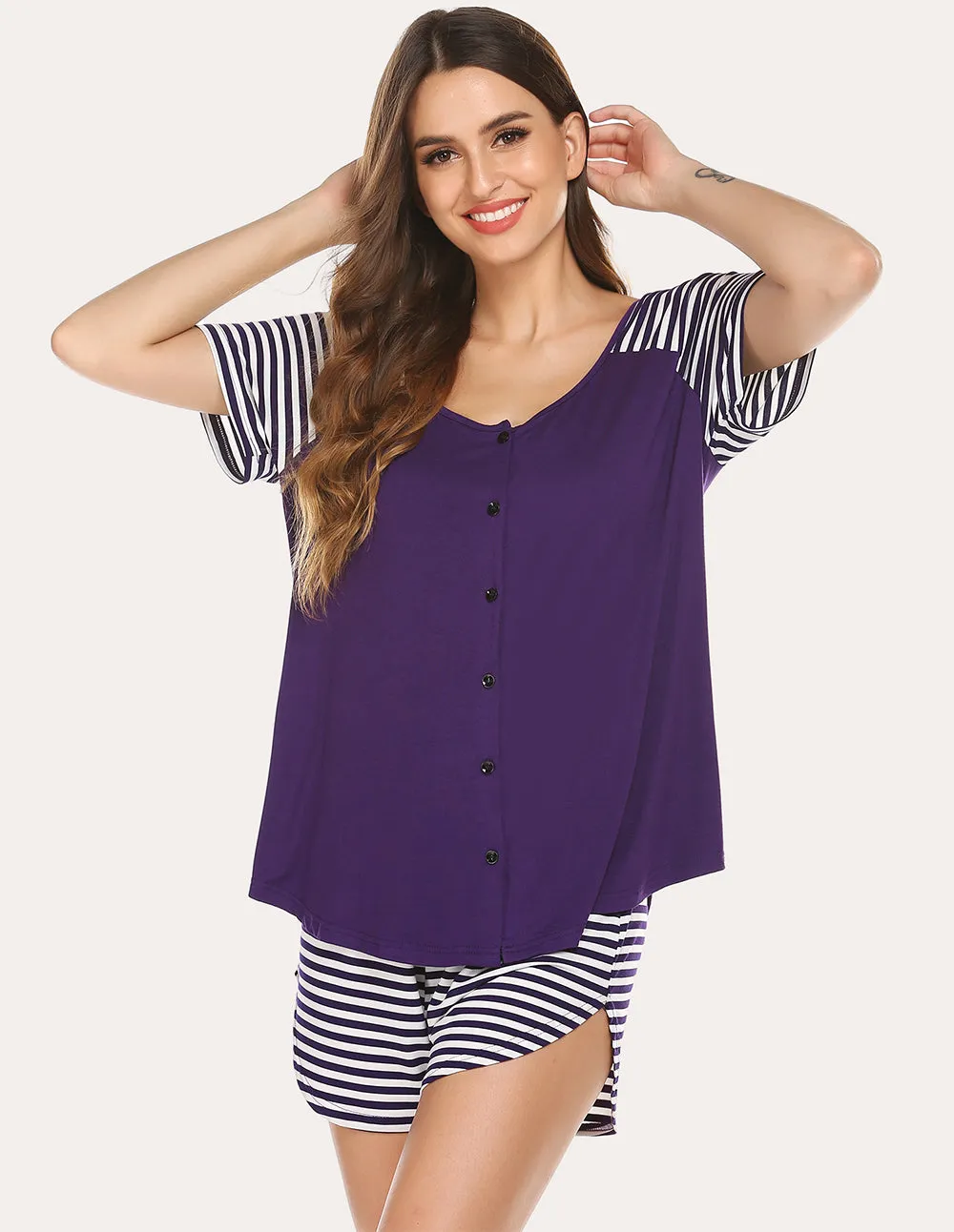 Ekouaer Contrast Color Top Shorts Loose Pajamas Set (US Only) sold by Ekouaer product image thumbnail 5