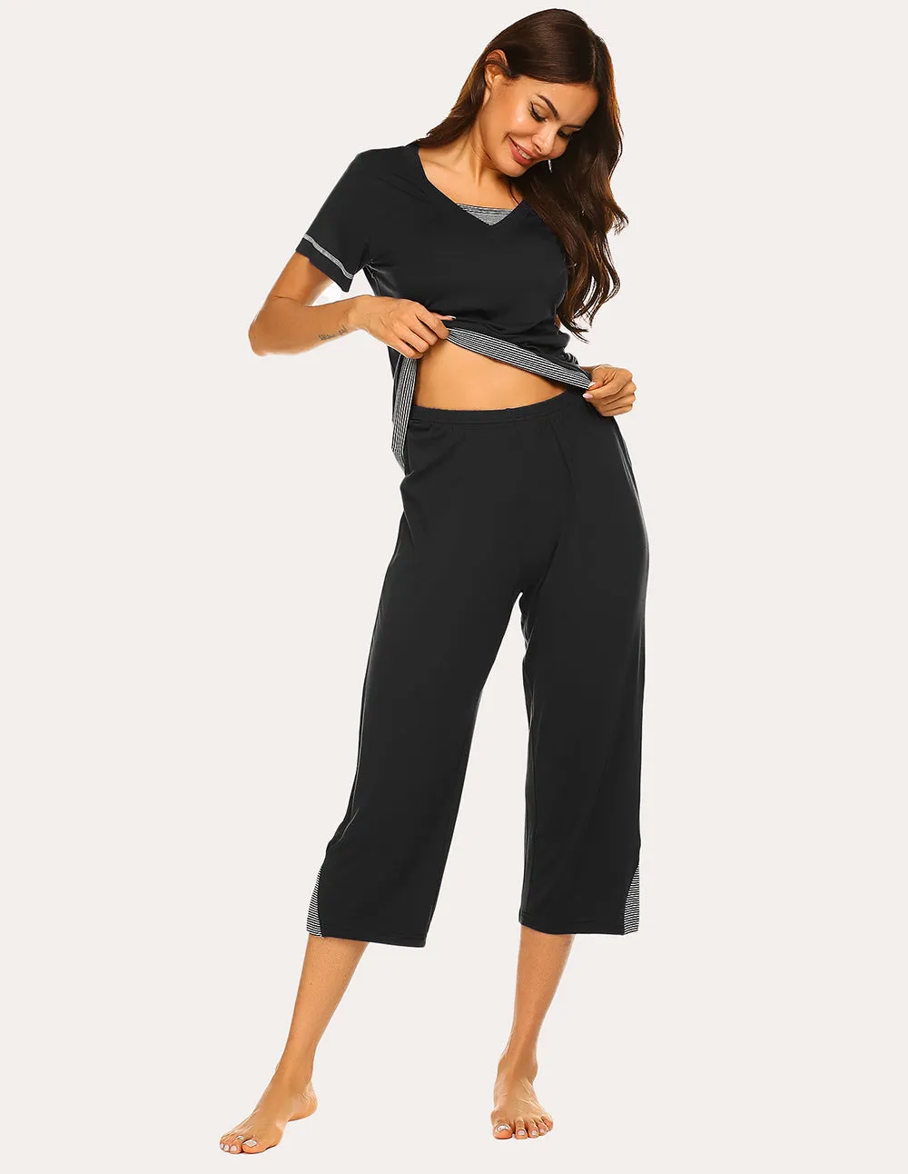 Ekouaer Striped Patchwork T-shirt Capri Pants Pajamas Set (US Only) sold by Ekouaer product image thumbnail 4