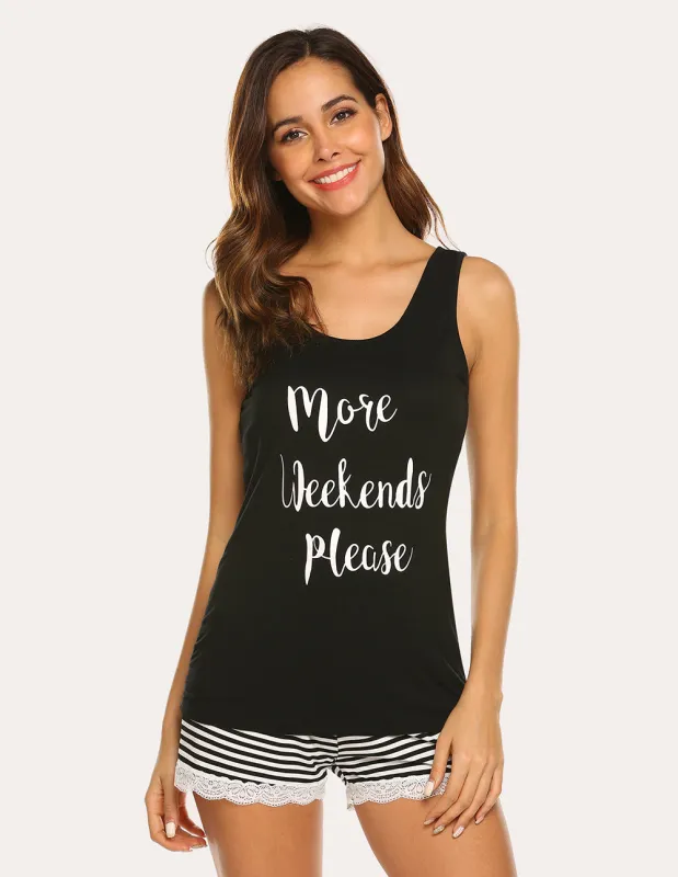 Ekouaer Letter Print Top Striped Shorts Pajama Set (US Only) sold by Ekouaer