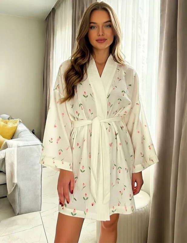 100% Cotton Elegant Floral Robe with Belt sold by Ekouaer