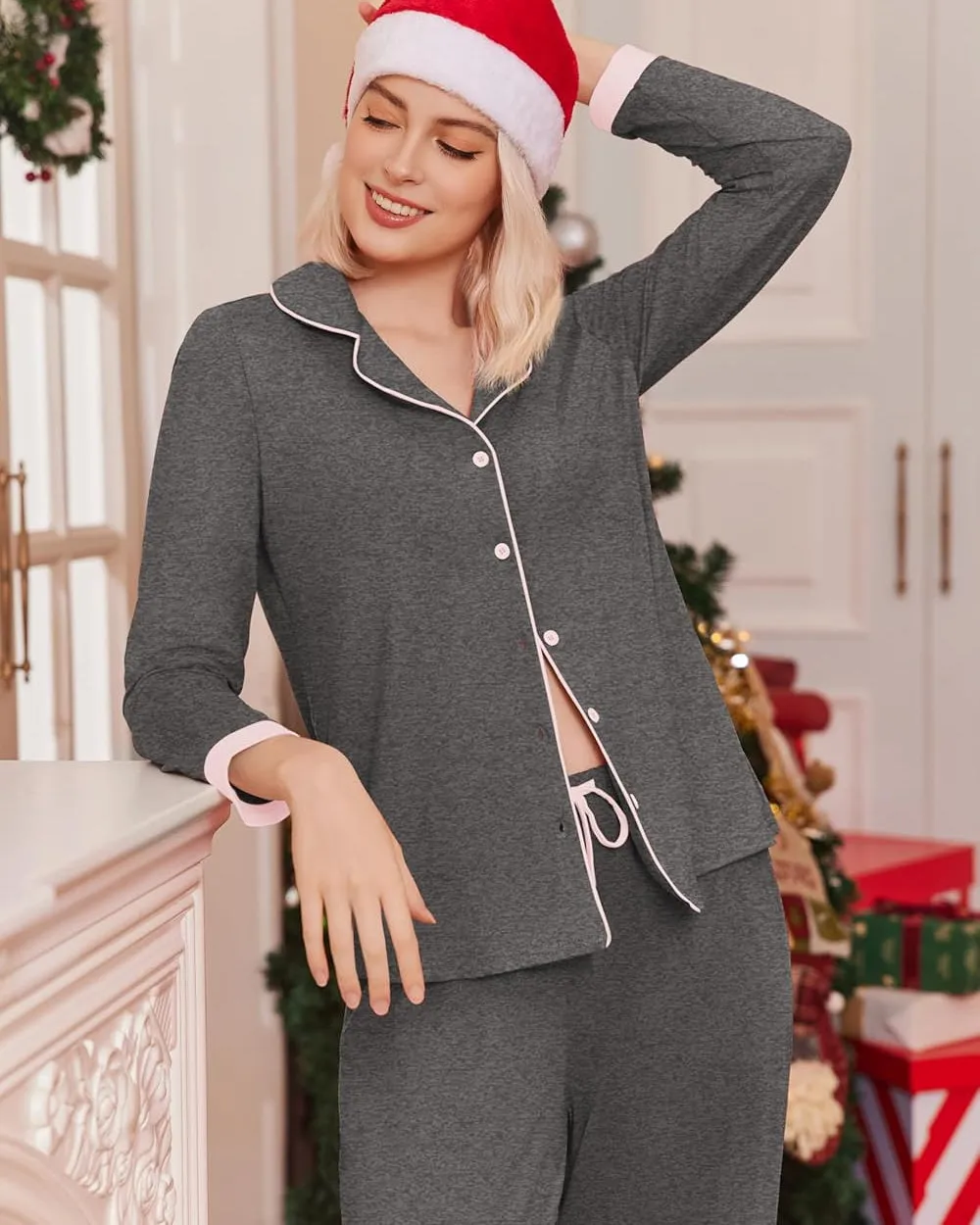 Long Sleeve Loungewear Soft Button Down Lounge Sets with Pockets sold by Ekouaer product image thumbnail 2