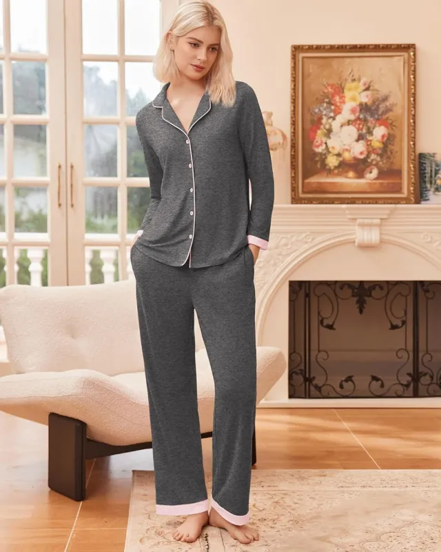 Long Sleeve Loungewear Soft Button Down Lounge Sets with Pockets sold by Ekouaer
