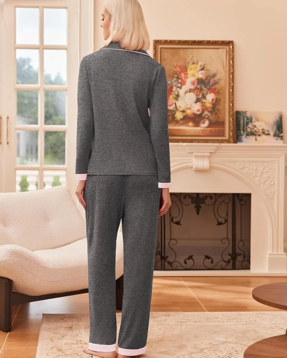 Long Sleeve Loungewear Soft Button Down Lounge Sets with Pockets sold by Ekouaer product image thumbnail 3