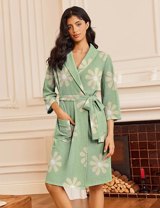 Waffle Knit Bathrobe Lightweight Kimono Robe with Pockets made by Ekouaer