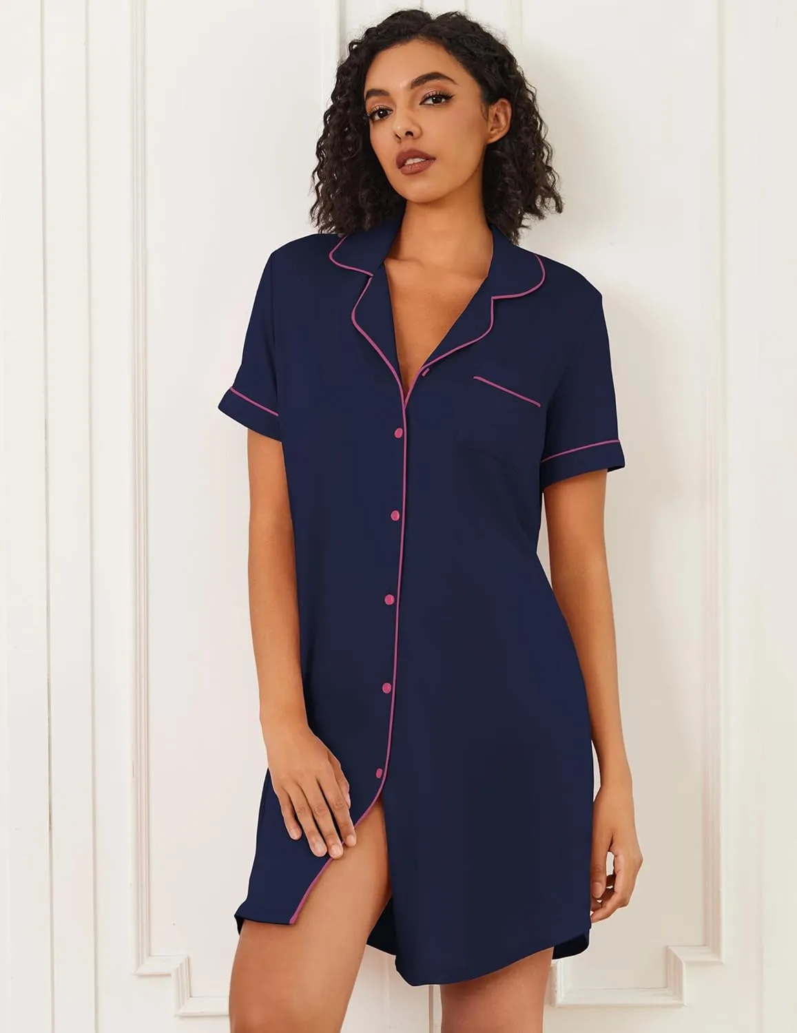 Bamboo Viscose Sleep Shirts Button Down Night Dress sold by Ekouaer