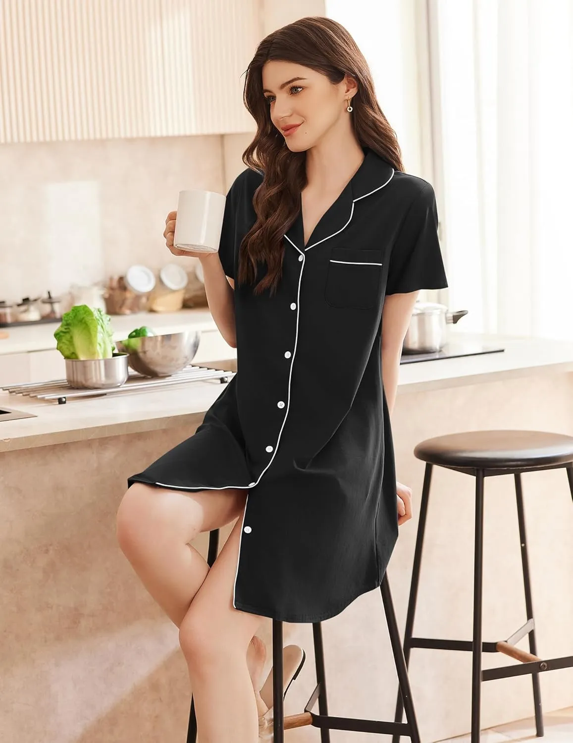 Bamboo Viscose Sleep Shirts Button Down Night Dress sold by Ekouaer product image thumbnail 5
