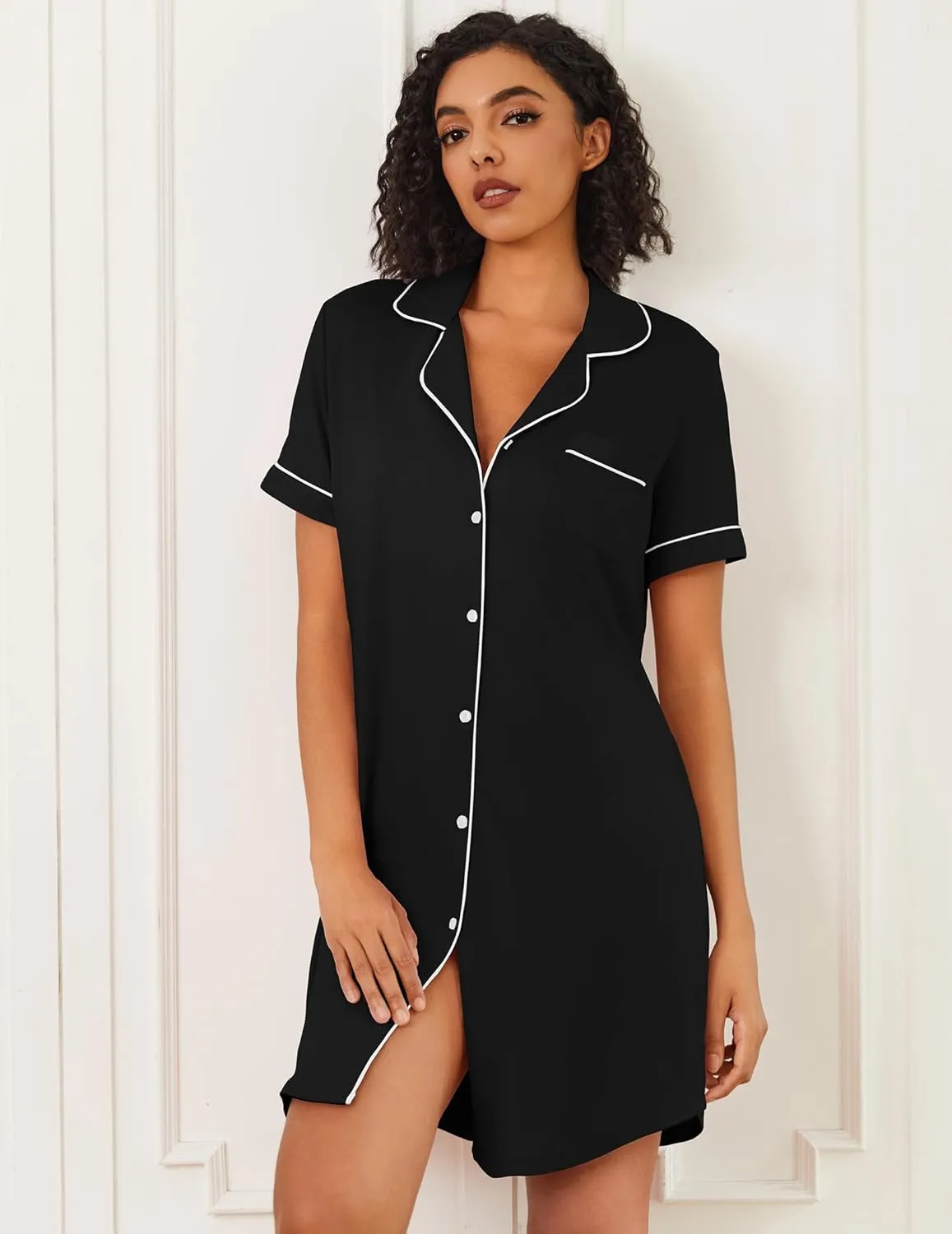 Bamboo Viscose Sleep Shirts Button Down Night Dress sold by Ekouaer product image thumbnail 3