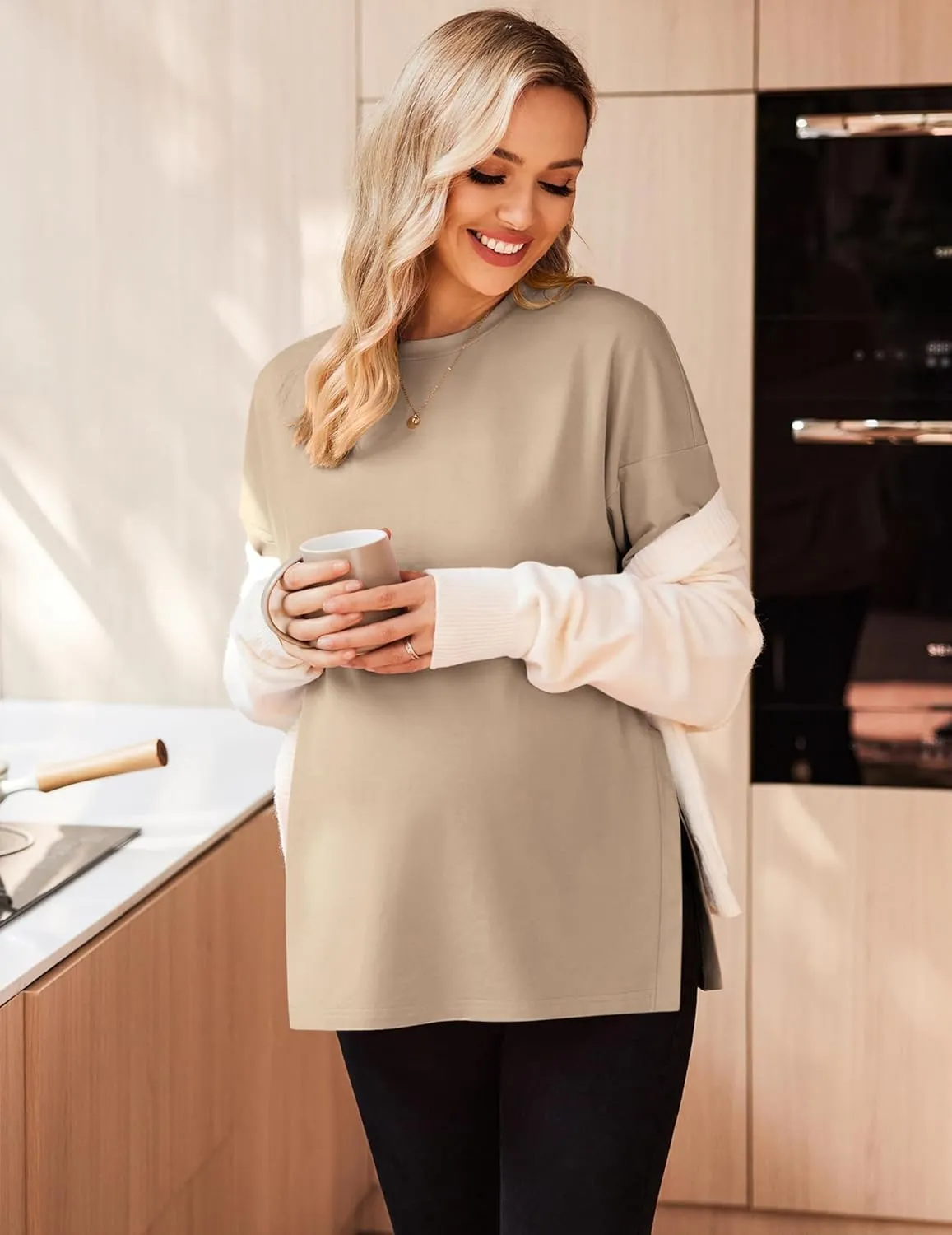 Ekouaer Maternity Shirts Long Sleeve Split Side Pregnancy Tee sold by Ekouaer product image thumbnail 5