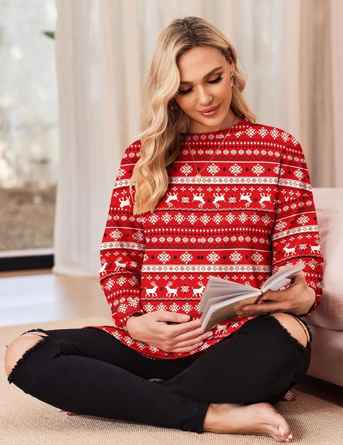 Ekouaer Maternity Shirts Long Sleeve Split Side Pregnancy Tee sold by Ekouaer product image thumbnail 3
