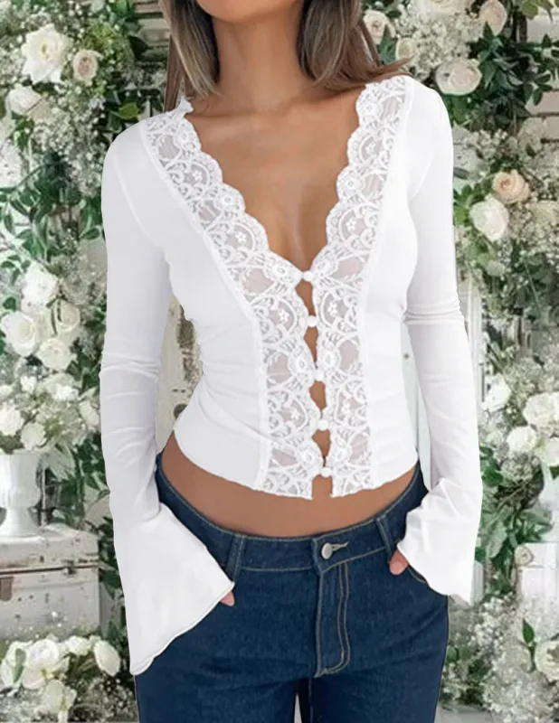 Elegant Floral Lace Trim Top made by Ekouaer