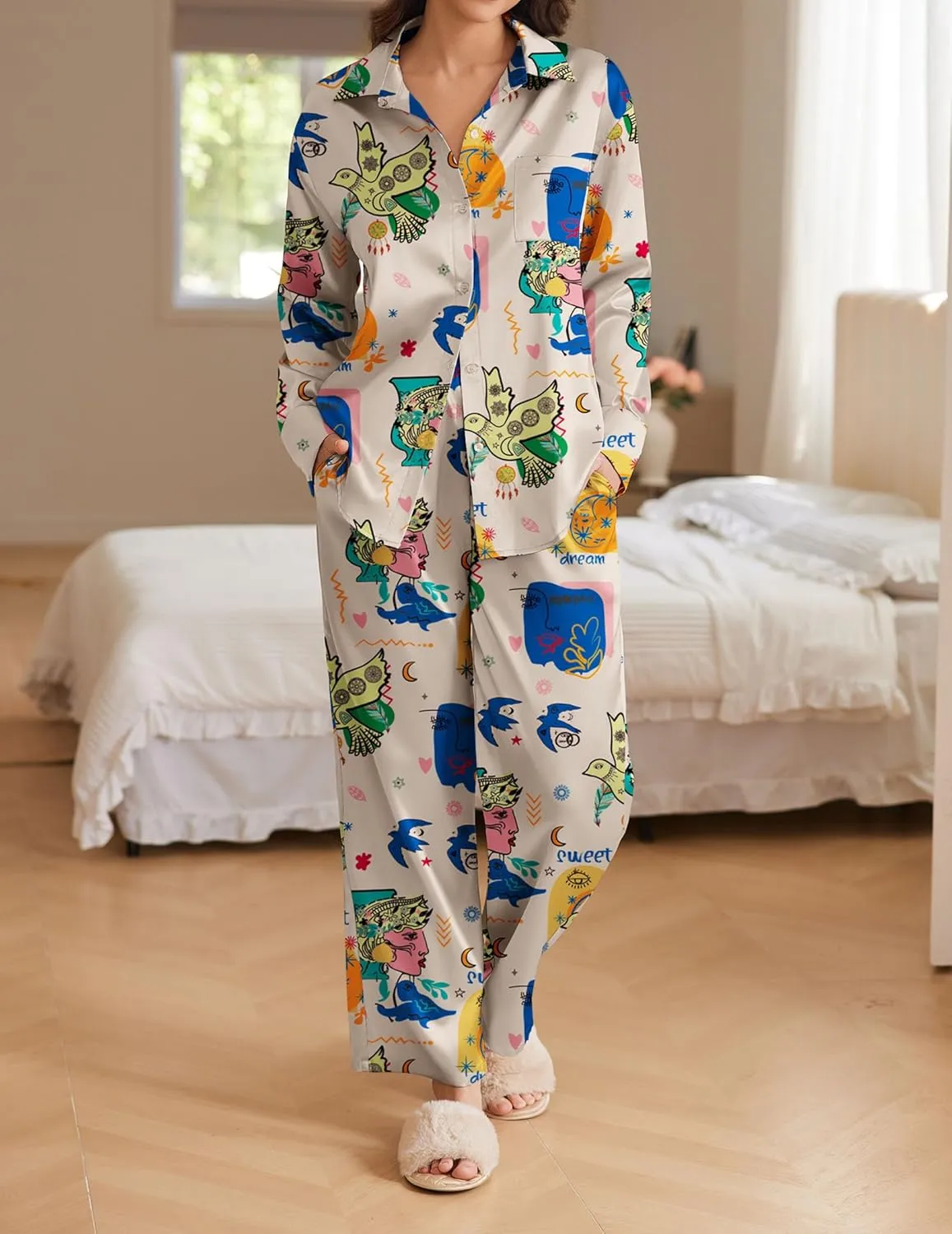 Satin Silky Pajama Set 2 Piece Soft Print PJs Loungewear sold by Ekouaer product image thumbnail 3