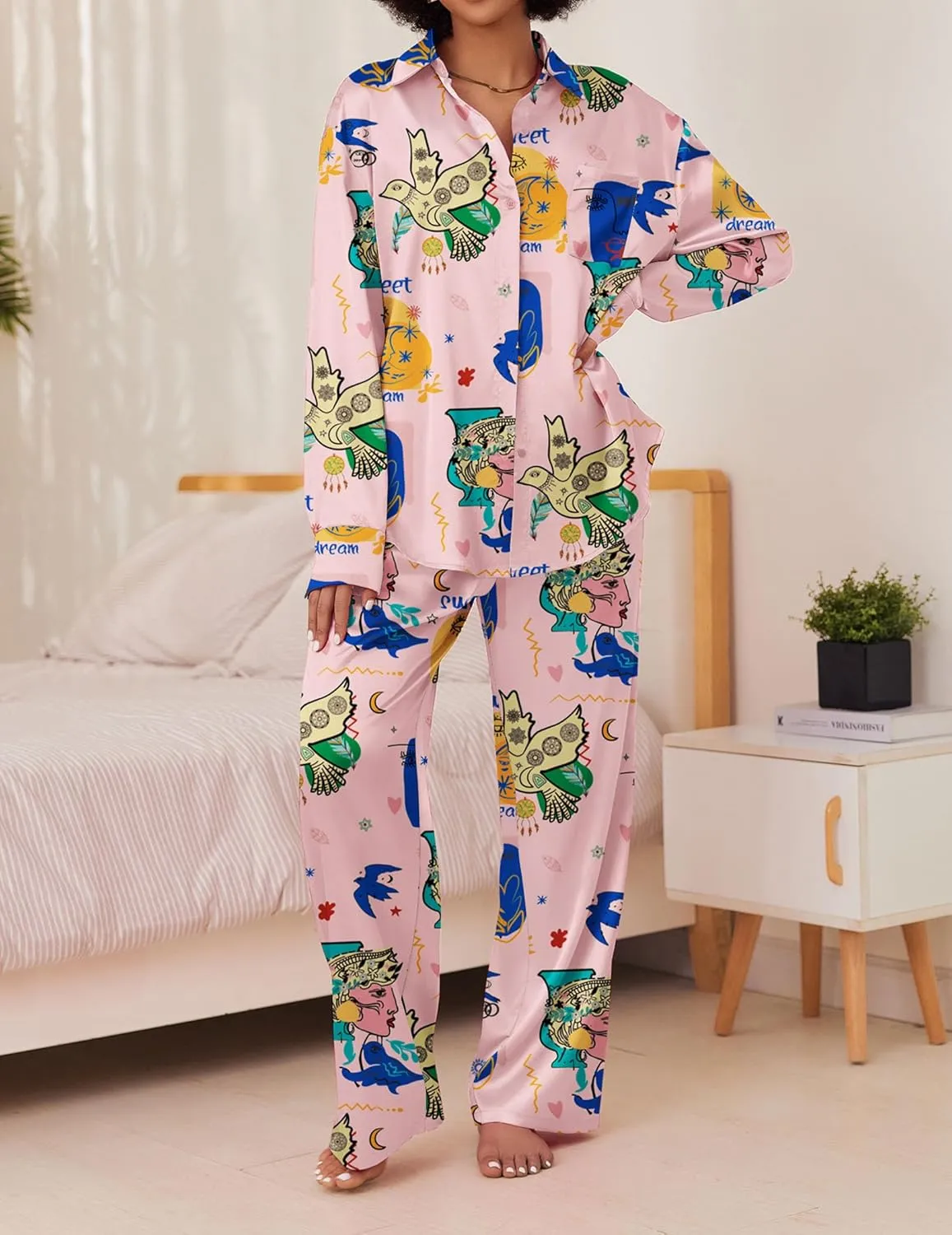 Satin Silky Pajama Set 2 Piece Soft Print PJs Loungewear sold by Ekouaer product image thumbnail 5