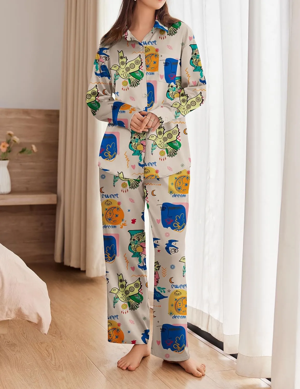 Satin Silky Pajama Set 2 Piece Soft Print PJs Loungewear sold by Ekouaer product image thumbnail 4