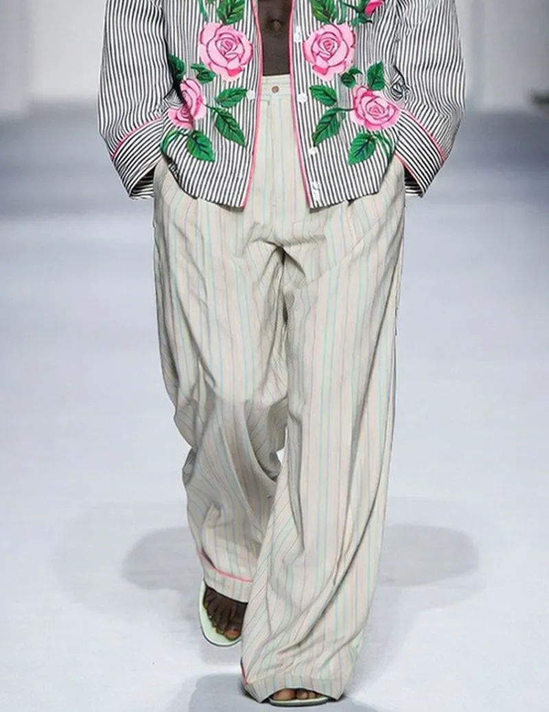 Men's Striped Rose-Pattern Pajama Set with Oversized Fit sold by Ekouaer product image thumbnail 3