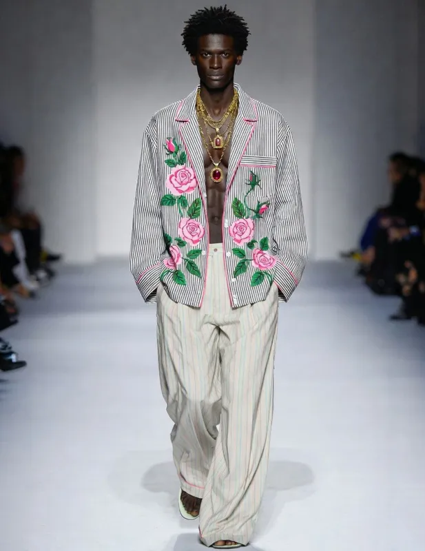 Men's Striped Rose-Pattern Pajama Set with Oversized Fit made by Ekouaer