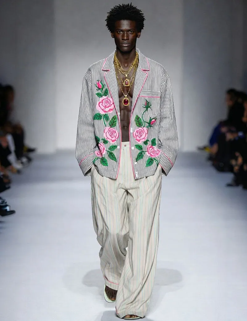 Men's Striped Rose-Pattern Pajama Set with Oversized Fit sold by Ekouaer