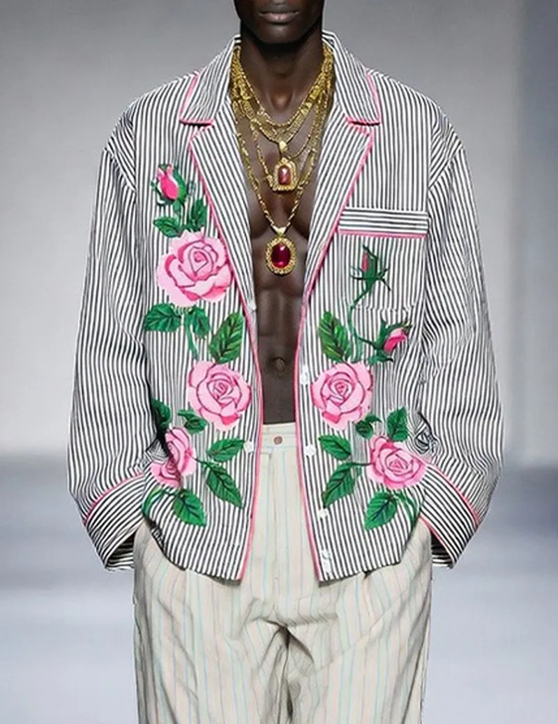 Men's Striped Rose-Pattern Pajama Set with Oversized Fit sold by Ekouaer product image thumbnail 2