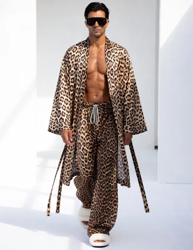 Men's Full Leopard Long Kimono Robe & Wide-Leg Lounge Pants Set made by Ekouaer