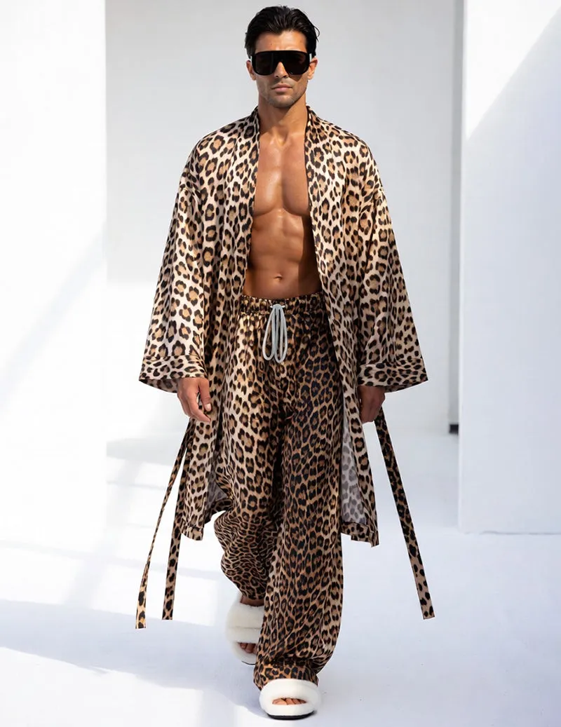 Men's Full Leopard Long Kimono Robe & Wide-Leg Lounge Pants Set sold by Ekouaer