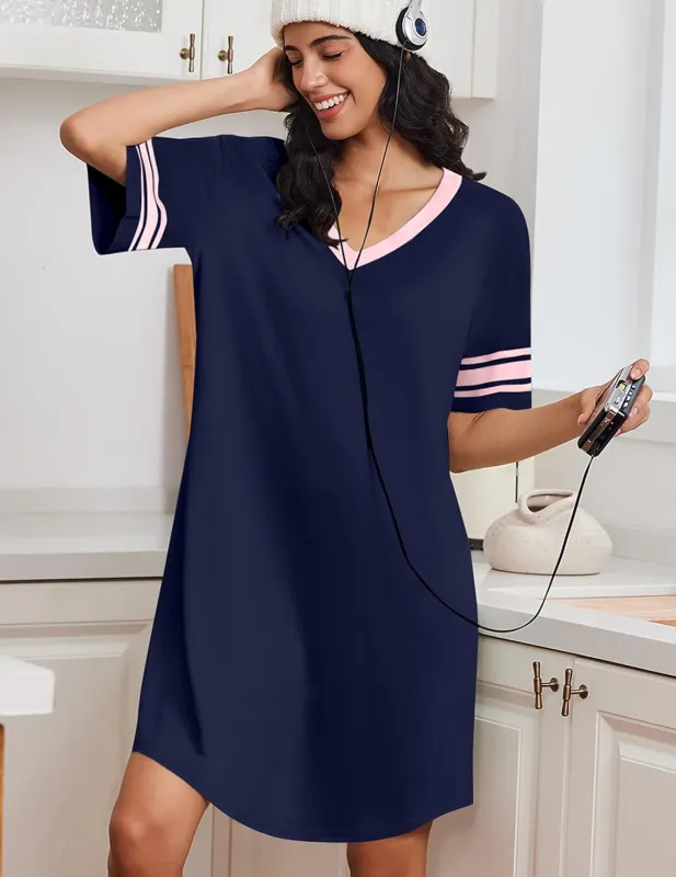 Bamboo Viscose Nightgown Short Sleeve V Neck Nightshirt made by Ekouaer