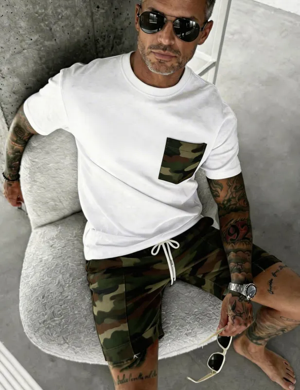 Men's White Printed Pocket Tee & Shorts Set made by Ekouaer