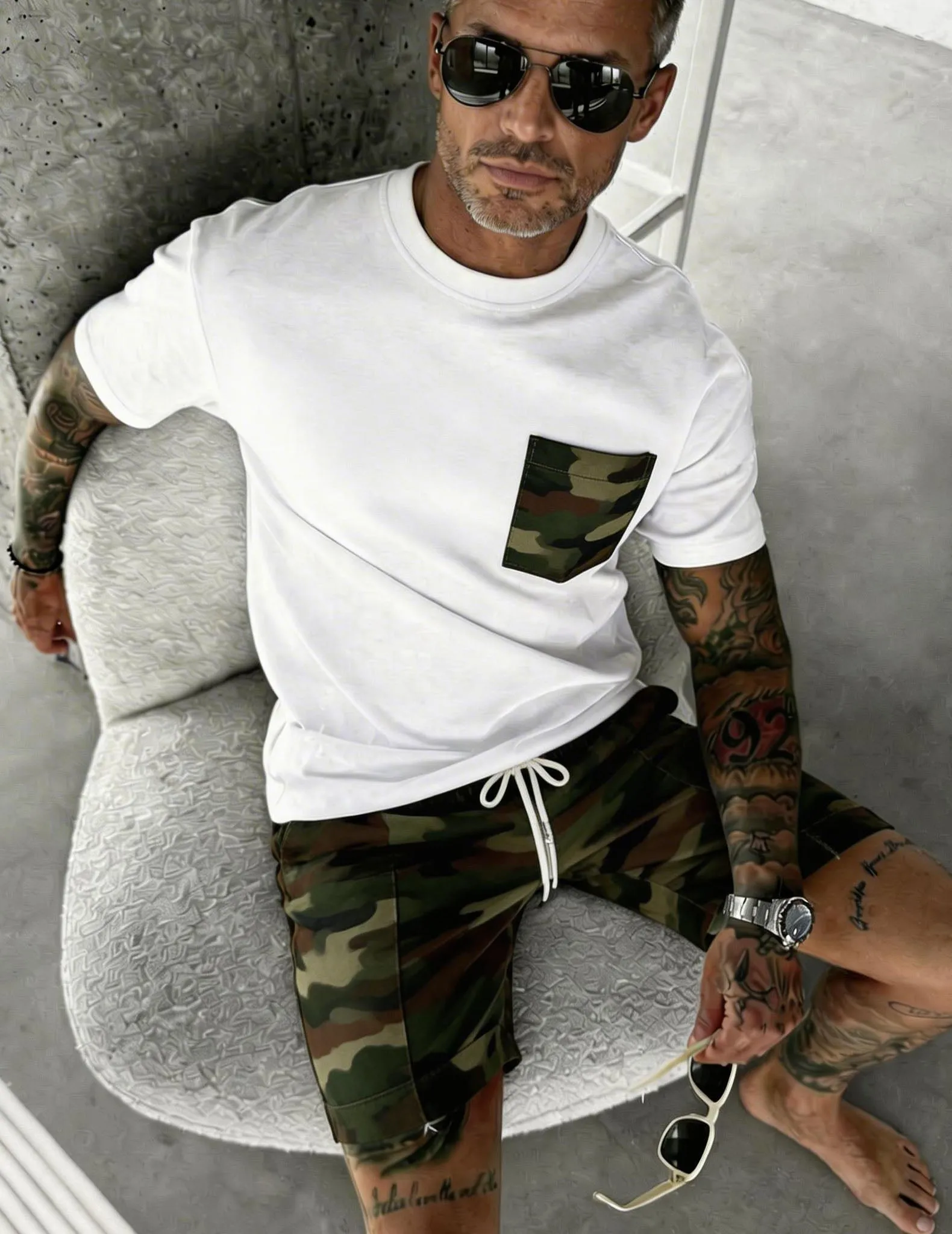 Men's White Printed Pocket Tee & Shorts Set sold by Ekouaer