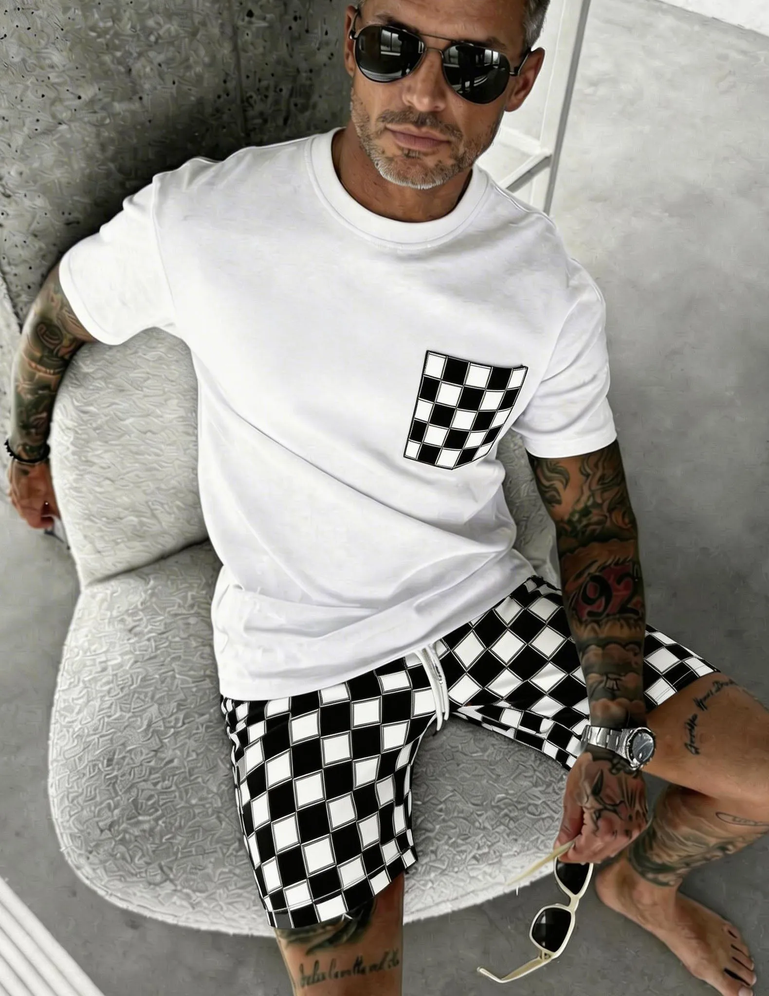 Men's White Printed Pocket Tee & Shorts Set sold by Ekouaer product image thumbnail 2