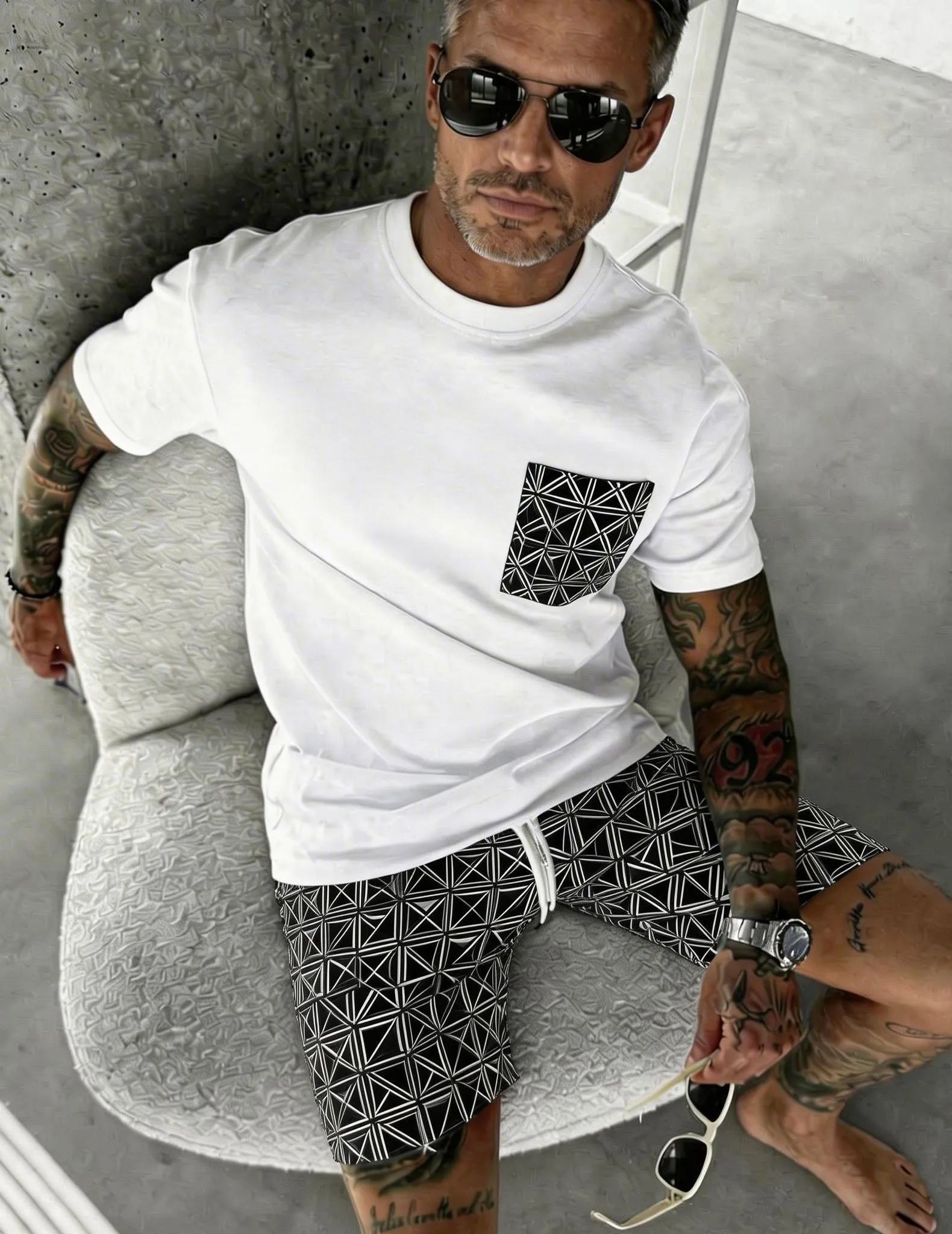Men's White Printed Pocket Tee & Shorts Set sold by Ekouaer product image thumbnail 3