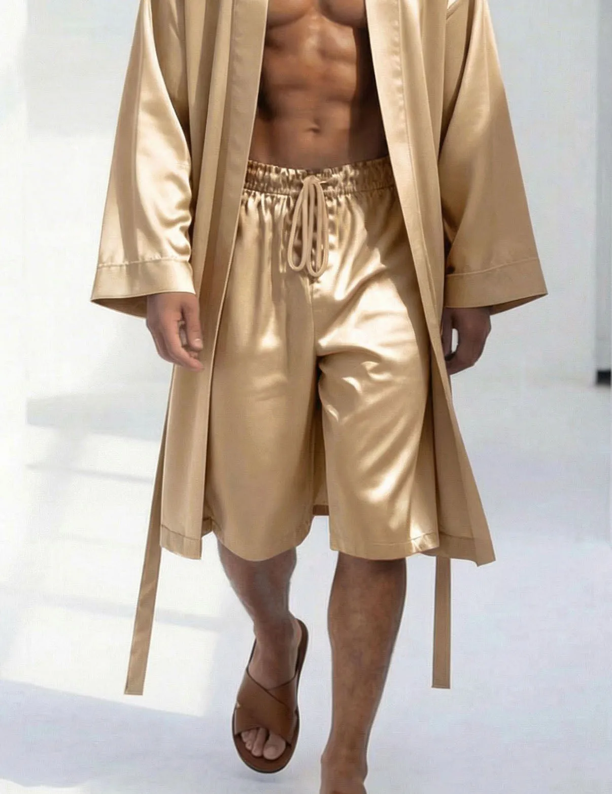 Champagne Flowing Robe and Shorts Set for Men sold by Ekouaer product image thumbnail 3