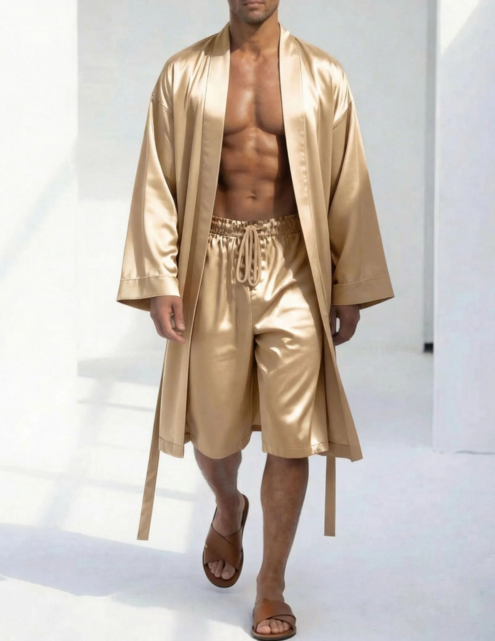 Champagne Flowing Robe and Shorts Set for Men sold by Ekouaer product image thumbnail 2