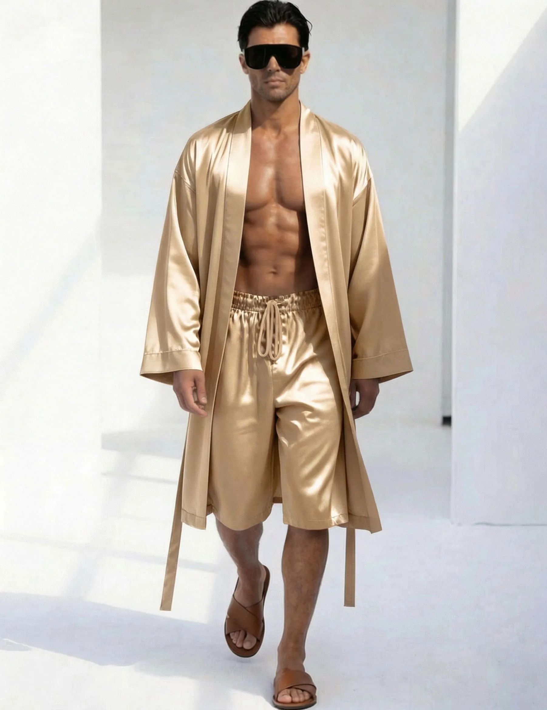 Champagne Flowing Robe and Shorts Set for Men sold by Ekouaer